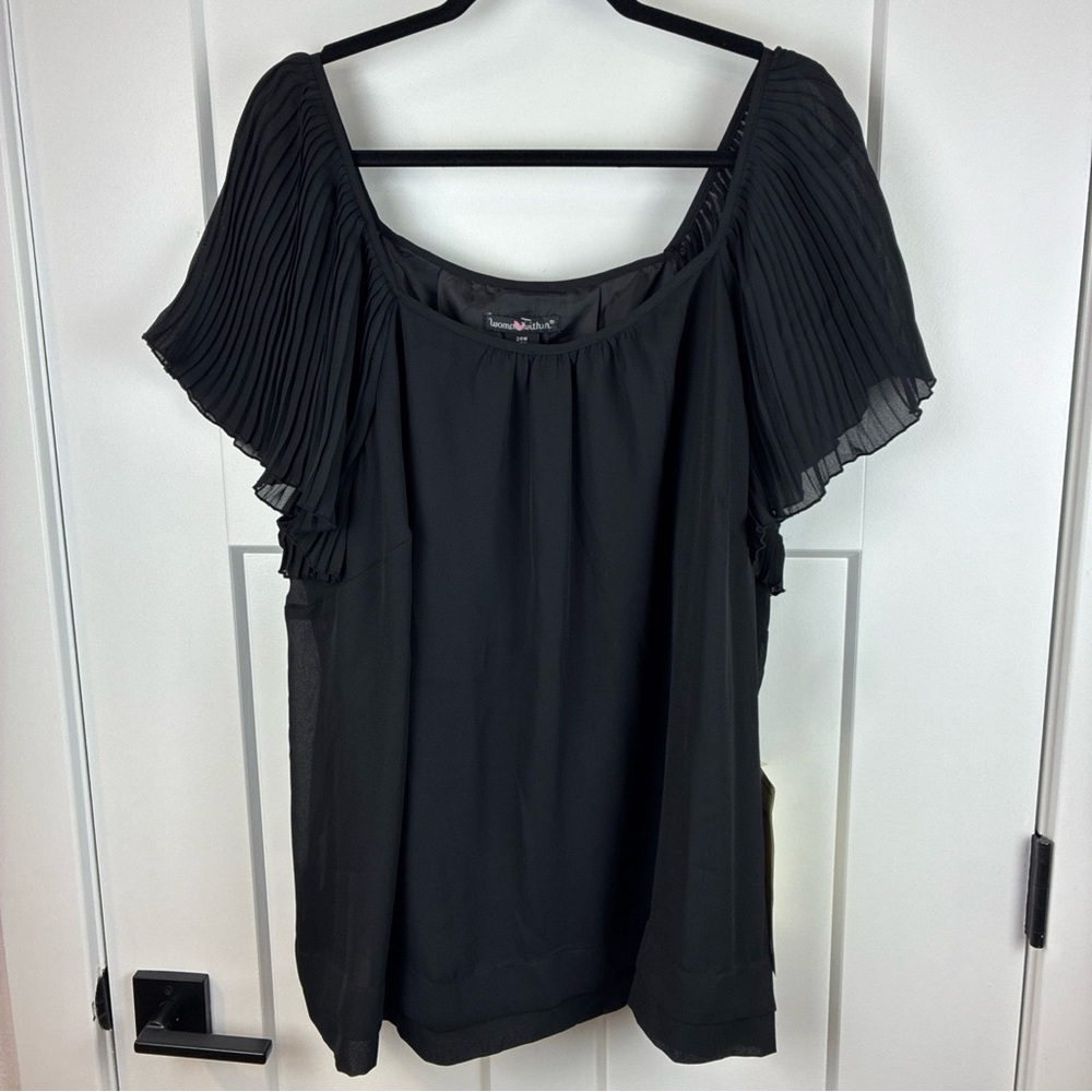 Woman Within Plus Black Blouse Bell Pleated Sleeve Size 24W NWT